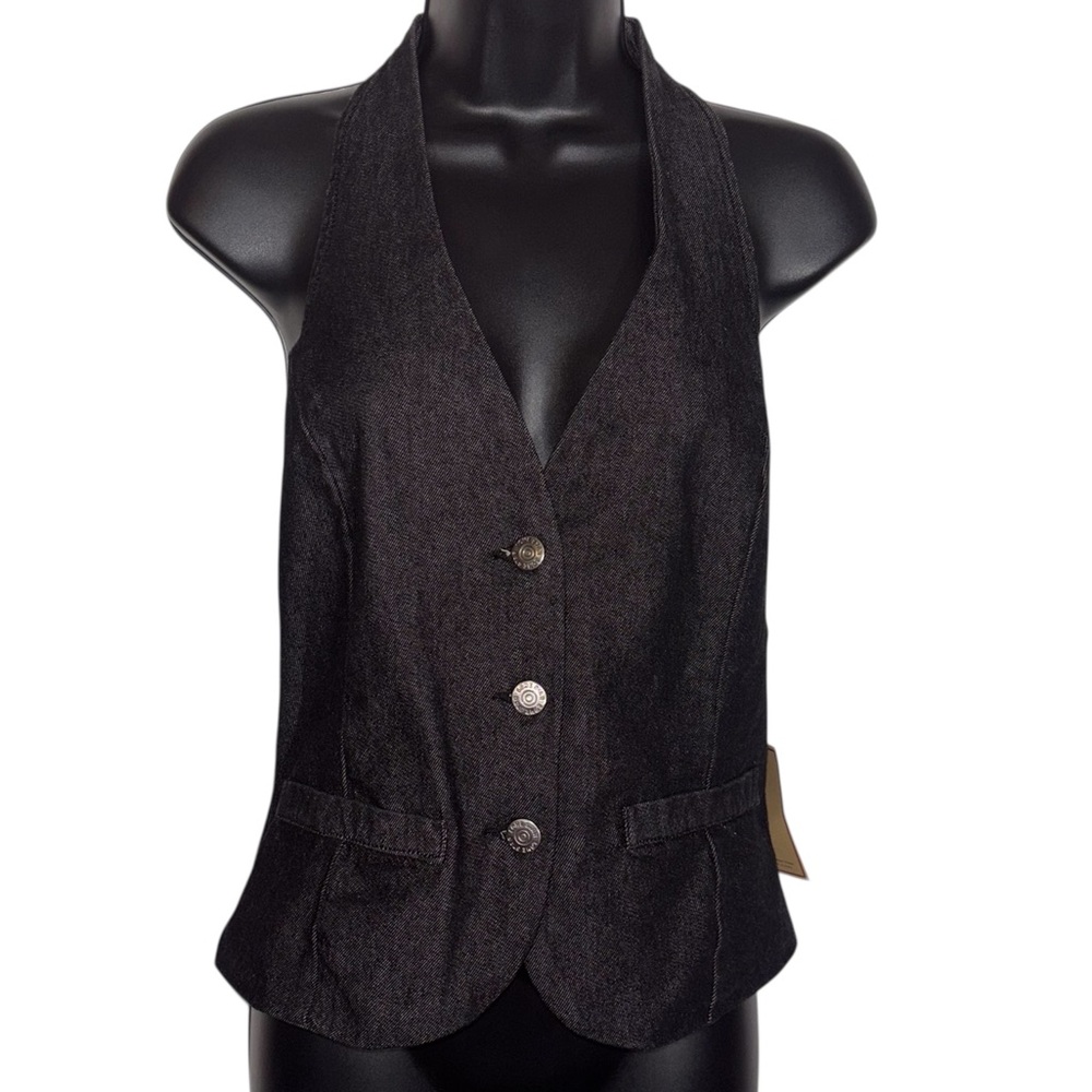 Black Denim Vest Y2K Halter Neck Button Front Open Back Women’s Size Medium